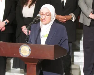 Sadler Health Center CEO Manal El Harrak speaks at the Pennsylvania State Capitol.